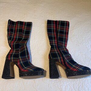 Kate Spade Designer Knee-High Tartan Boots Rhinestone Crystal Heel